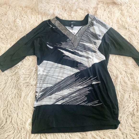 Alfani | Black White Silver Dress Blouse 1X V Neckline Shimmer - Picture 3 of 11